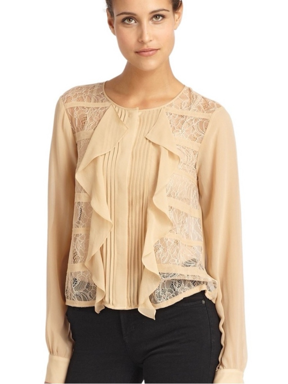 BCBGMaxAzria Silk Beige Lace Ruffle Blouse
